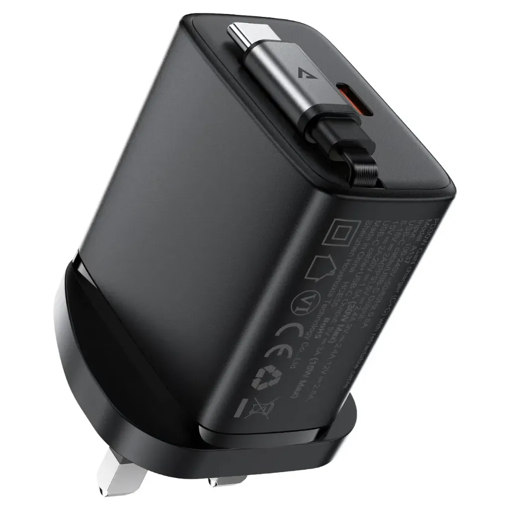 ACEFAST A137 PD30W GaN charger (C+C) with retractable cable (UK)